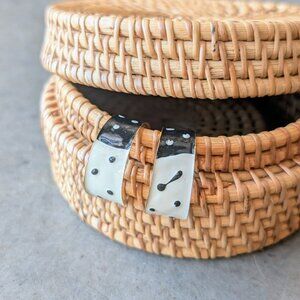 Vintage Black White Polka Dot Gold Half Hoop Post Earrings